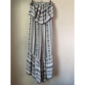 American Eagle Strapless Ruffle Jumpsuit Wide Leg Blue White Floral Print Size S